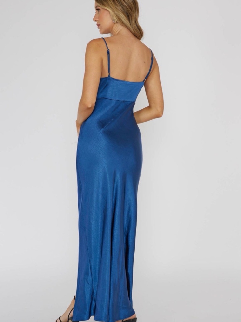Selfie Leslie Royal Blue Satin Maxi Slip Dress with Side Slit - Picture 3 of 4